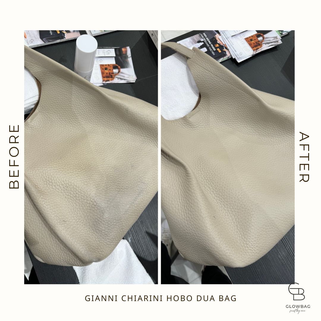 Glowbag Vorher-Nachher Vergleich mit beiger Ledertasche