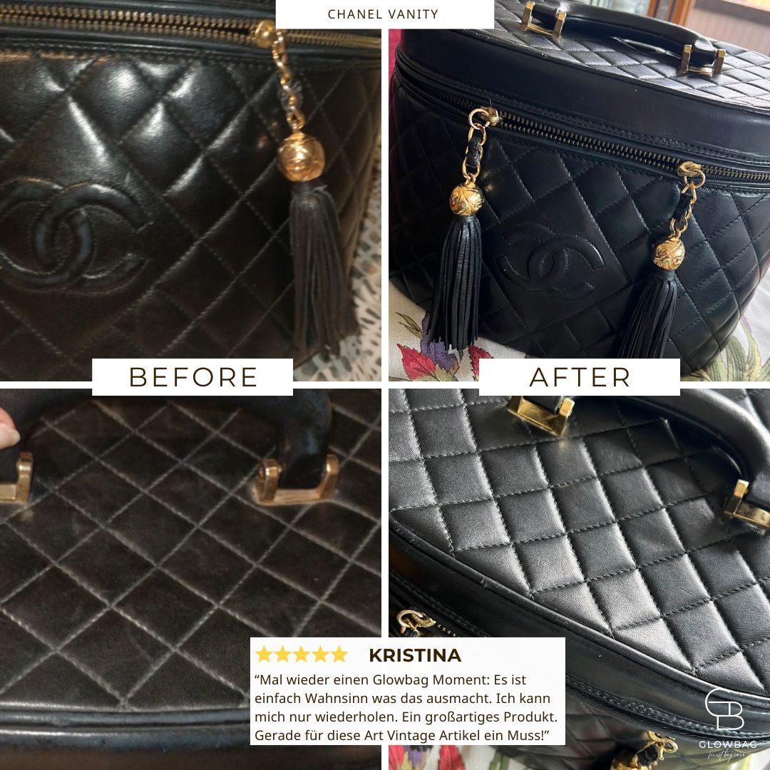 Vorher-Nachher Vergleich Vintage schwarzer Chanel Flap Bag mit Glowbag Glow Conditioner