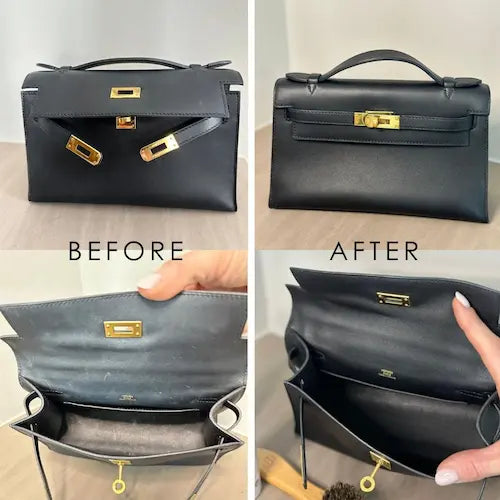 schwarze Kelly Pochette Vorher nachher