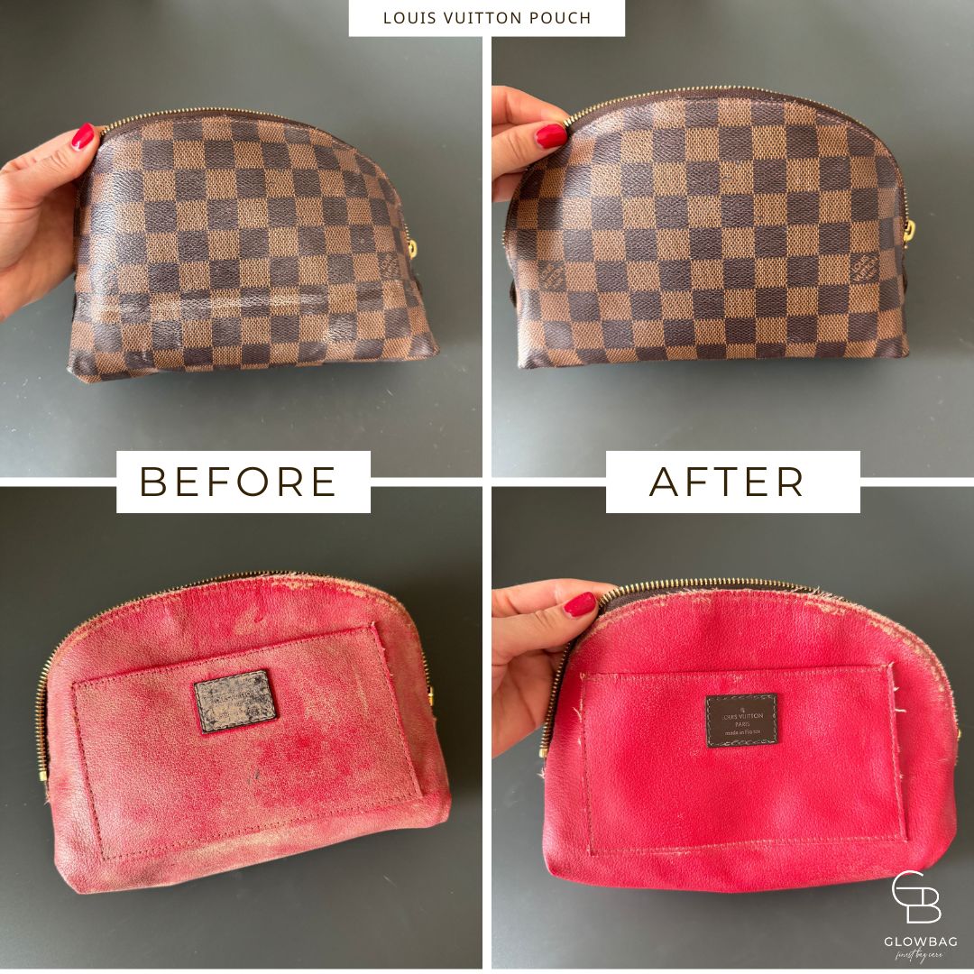Vor und Nach Reinigung einer Louis Vuitton Pouch