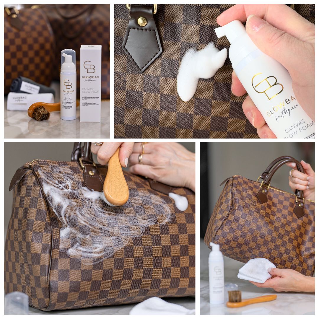 Pflegeroutine mit dem Canvas Glow Foam von Glowbag an einer LV Speedy Handtasche