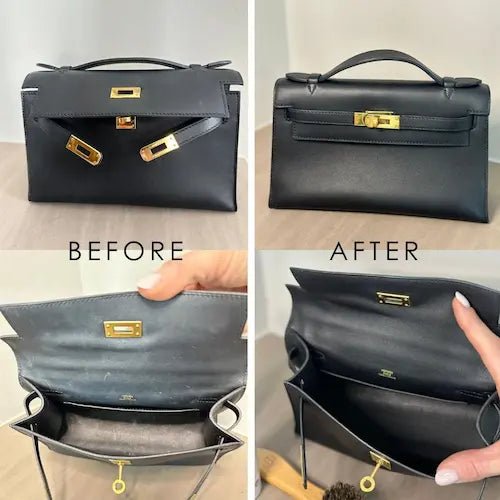 schwarze Kelly Pochette Vorher nachher