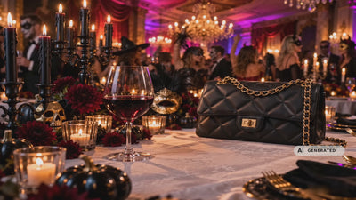 halloween party szene mit schwarzer Tasche und Rotweinglas im Vordergrund